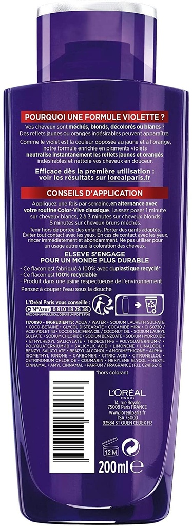 L'Oréal Elseve Color-Vive Shampooing Violet Déjaunisseur Cheveux Blonds ou Blancs 200 ml