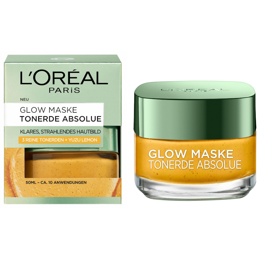 L'Oréal Glow Mask Aux 3 Argiles Pures Et Yuzu Masque Visage Exfolie, Unifie et Illumine 50ml