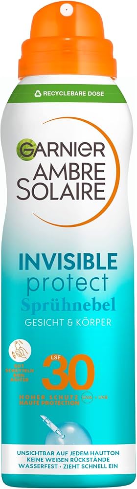 Garnier Ambre Solaire Invisible Protect Brume FPS 30 Visage Et Corps Sans Alcool Vitamine E Et Aloe Vera 200ml