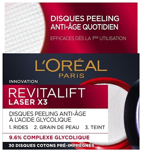 L’Oréal Revitalift Laser x 3 à L’Acide Glycolique Disques Peeling Anti-Âge x 30
