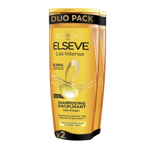 L'Oréal Elsève Liss-Intense Shampooing Disciplinant Cheveux Difficiles à Lisser, Secs 290ml x2